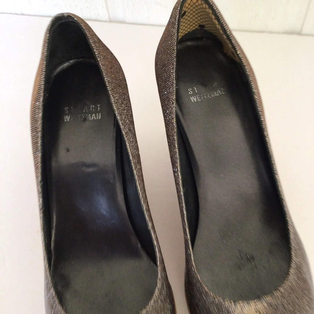 STUART WEITZMAN CORKSWOON BRONZE GLITTER CORK PLATFORM WEDGE SHOES SIZE …